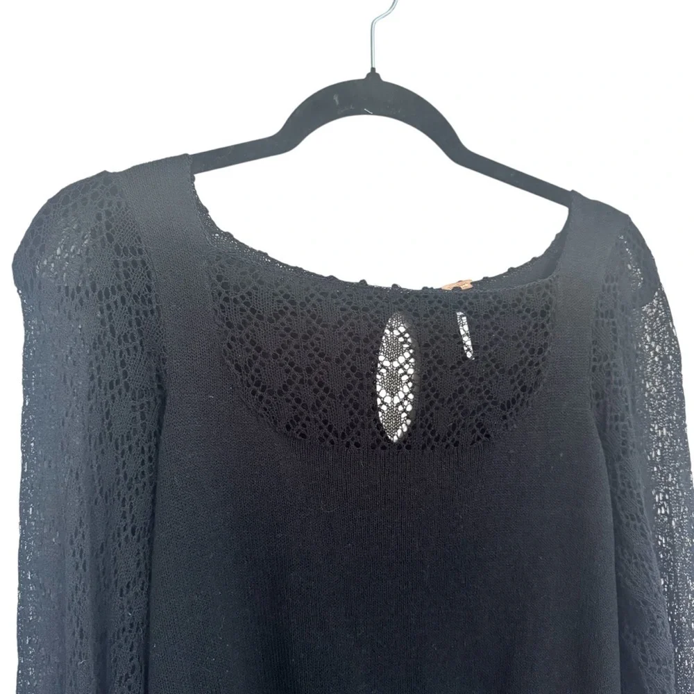 Free People Black Knit Lace Long Sleeve Top with Keyhole Back